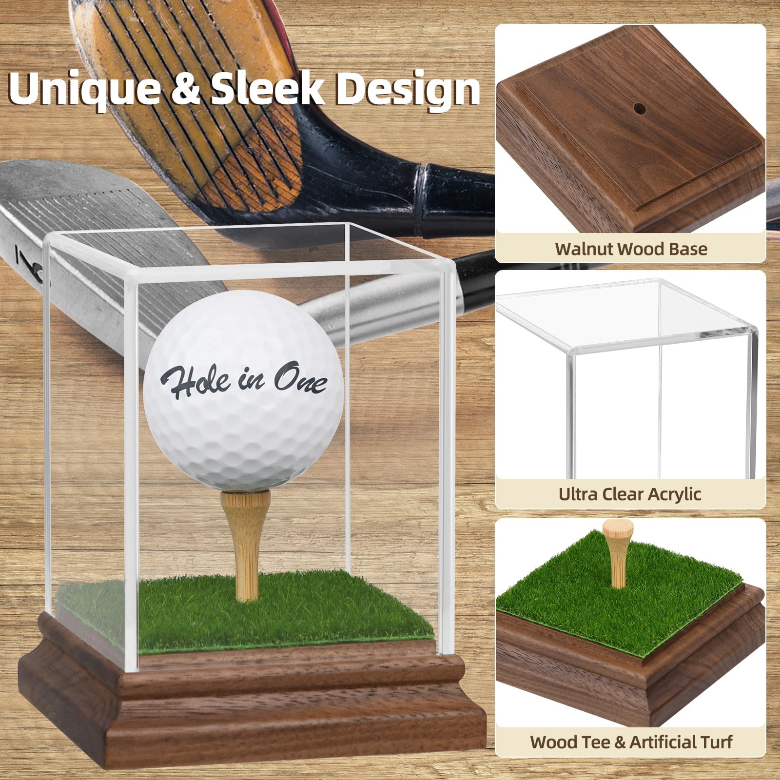 Golf Ball Display Case Hole in One Holder with Acrylic Base and Turf Stand