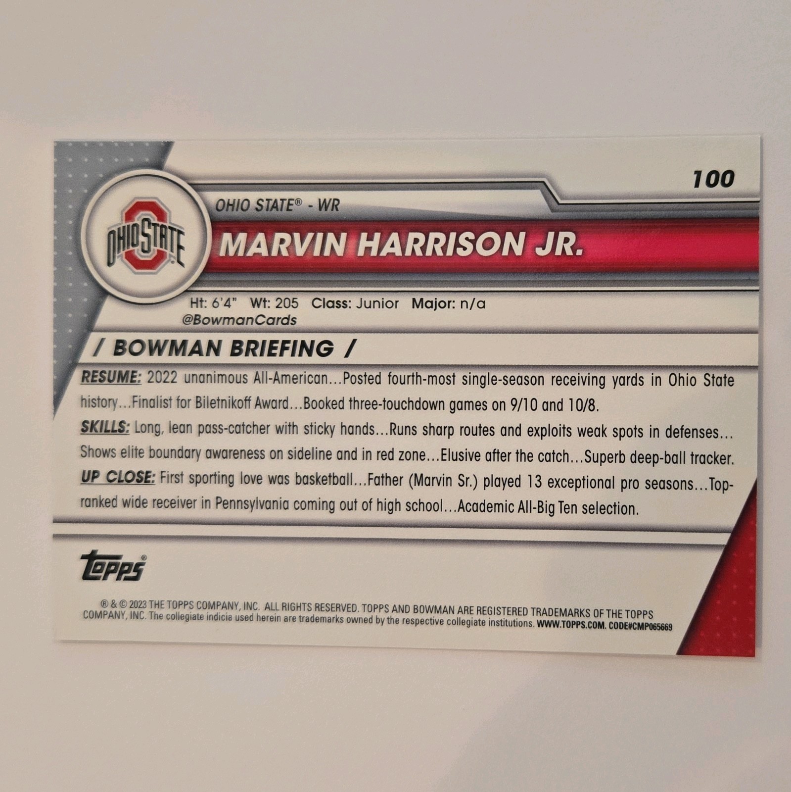 2023 Bowman University Chrome #100 Marvin Harrison Jr. (1st Bowman) RC