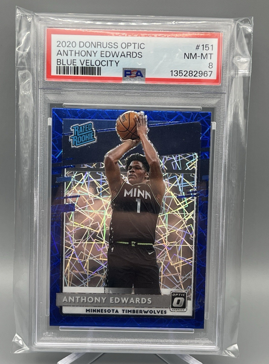 Anthony Edwards Timberwolves 2020-21 Optic #151 Blue Velocity Rated Rookie PSA 8