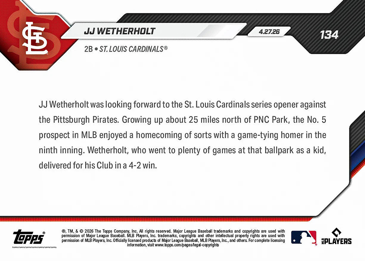 2026 Topps Now JJ Wetherholt RC Cardinals Local Kid Game-Tying HR #134 MD3