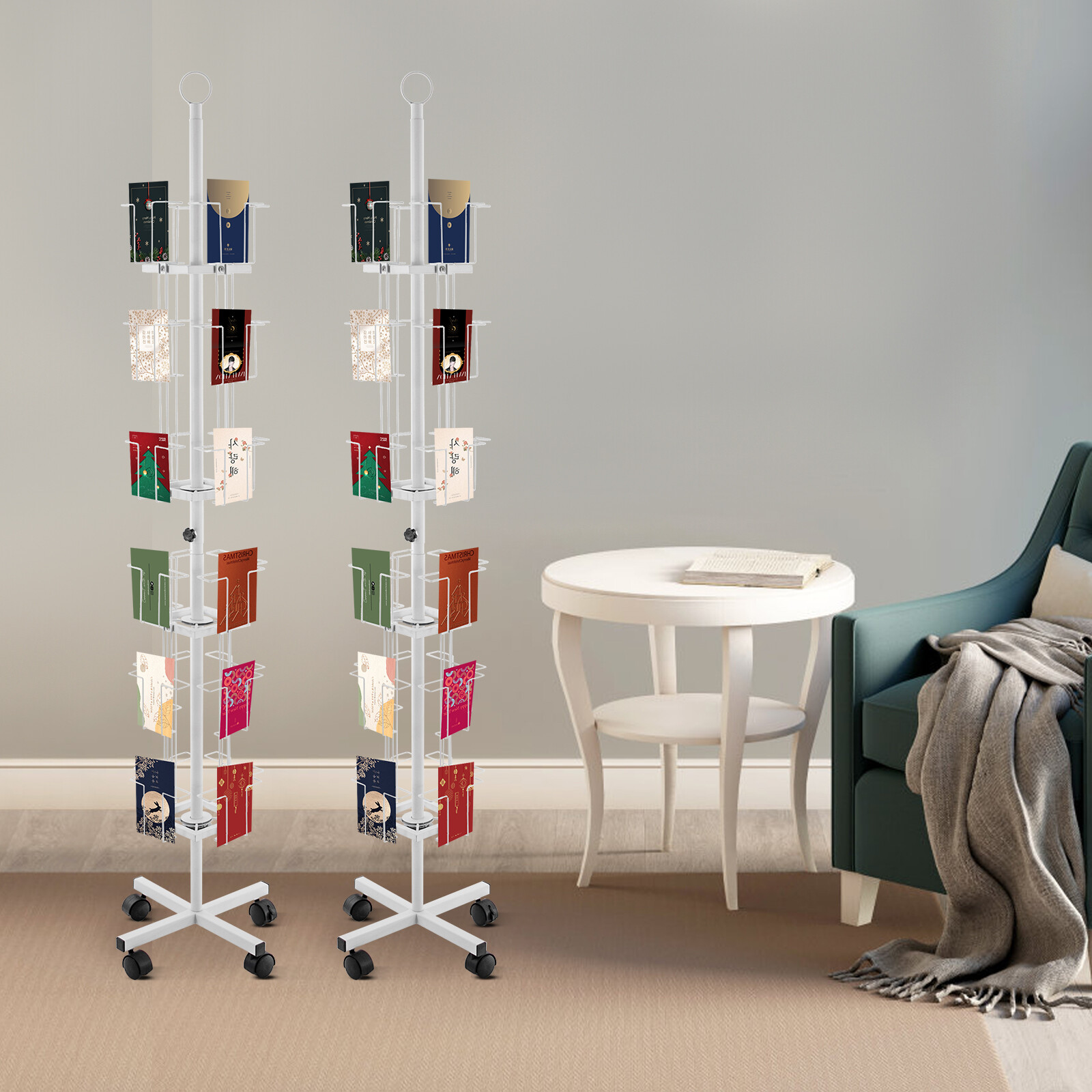 6-tier 32-pocket Rotating Greeting Card Iron Rack Postcard Stand With 4 Wheels