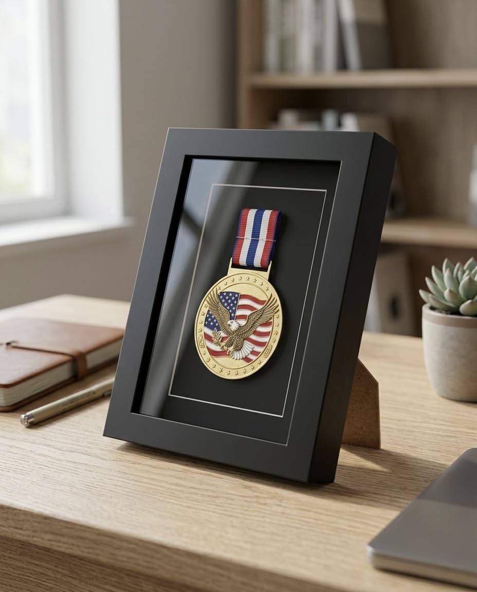Medal Display Case Shadow Box 6×8 – Black Solid Wood Medal Frame with Real Gl…