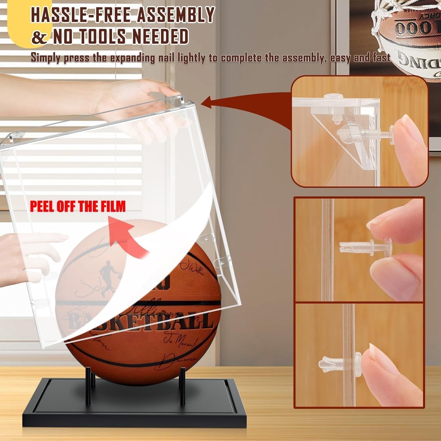 Tabletop Basketball Display Case: Black Acrylic with Wooden Base – Quick Setup