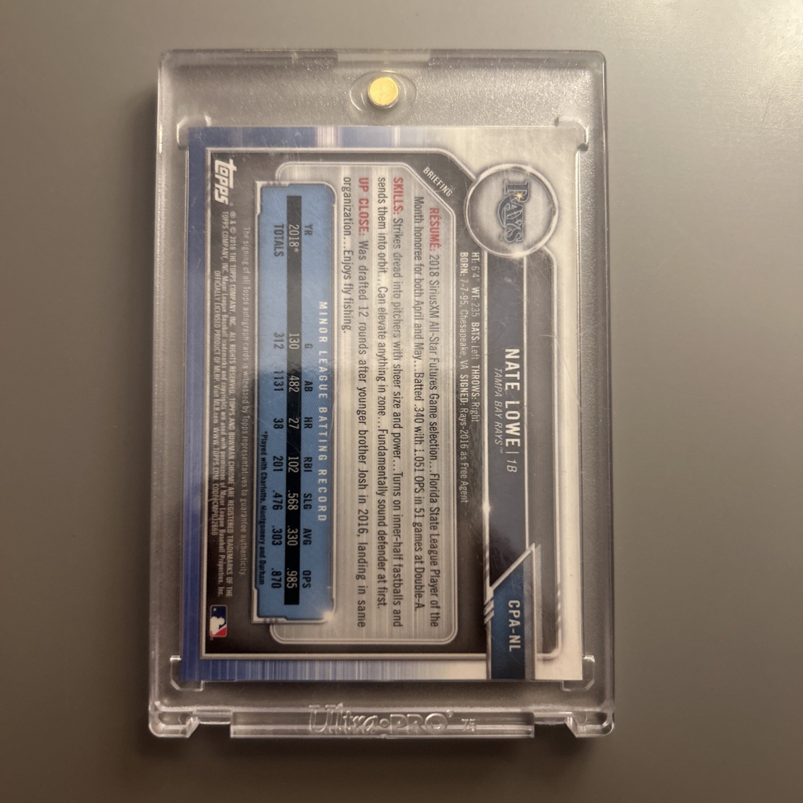 2019 Bowman Chrome Prospect Green Refractor /99 Nate Lowe #CPA-NL Rookie Auto RC