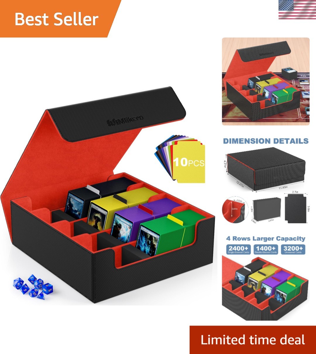 Black & Red Card Storage Box: Large Capacity with Colorful Dividers