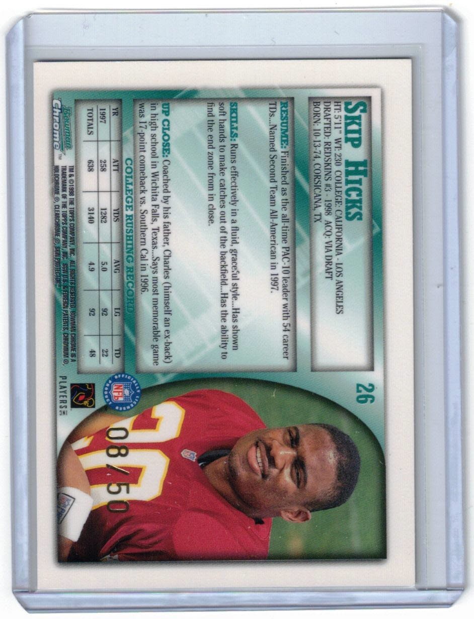 1998 Bowman Chrome – Skip Hicks #26 Golden Anniversary /50 (RC) Redskins Rookie