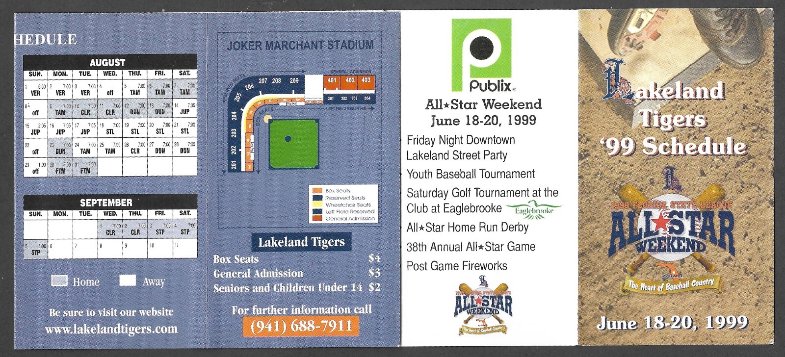 1999 LAKELAND TIGERS Publix Regular Season POCKET SCHEDULE EX-MINT+