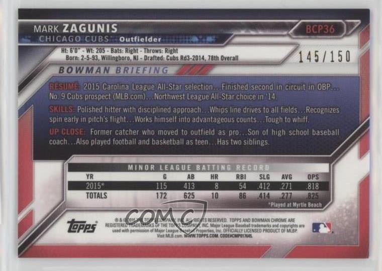 2016 Bowman Chrome Prospects Blue Refractor 145/150 Mark Zagunis #BCP36 1u6