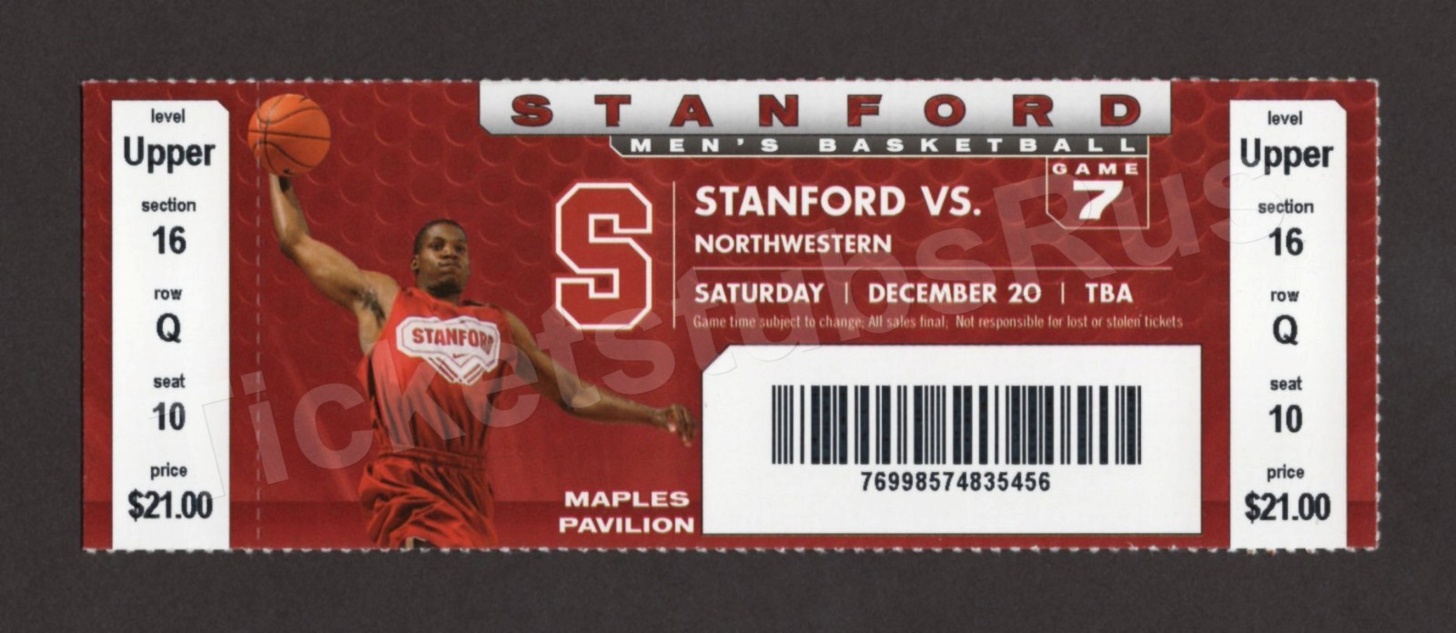 Mitch Johnson 100th 2-Pt Career High 16 Pts 12/20/2008 Stanford Ticket NBA SPURS