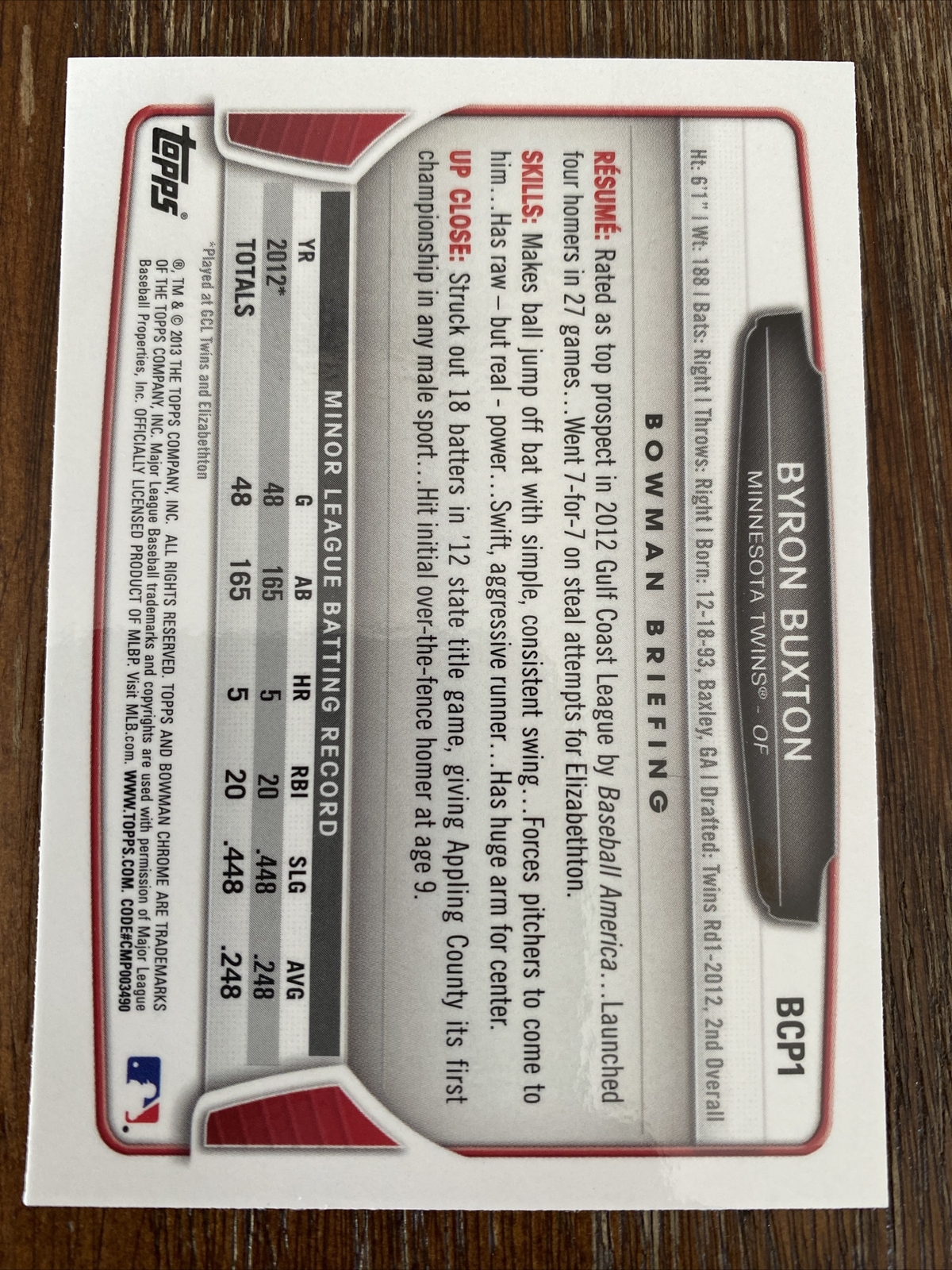 2013 Bowman Chrome Prospects 1st Byron Buxton Rookie Minnesota Twins #BCP1