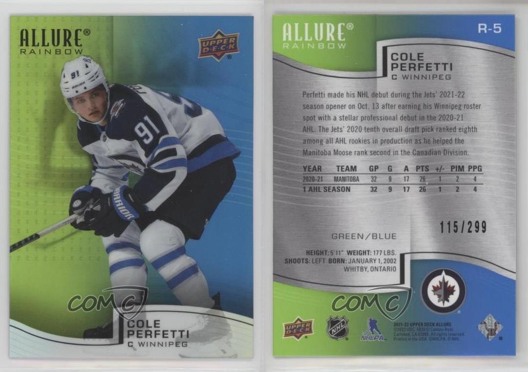 2021-22 Upper Deck Allure Rainbow Green Blue 115/299 Cole Perfetti #R-5 14sr