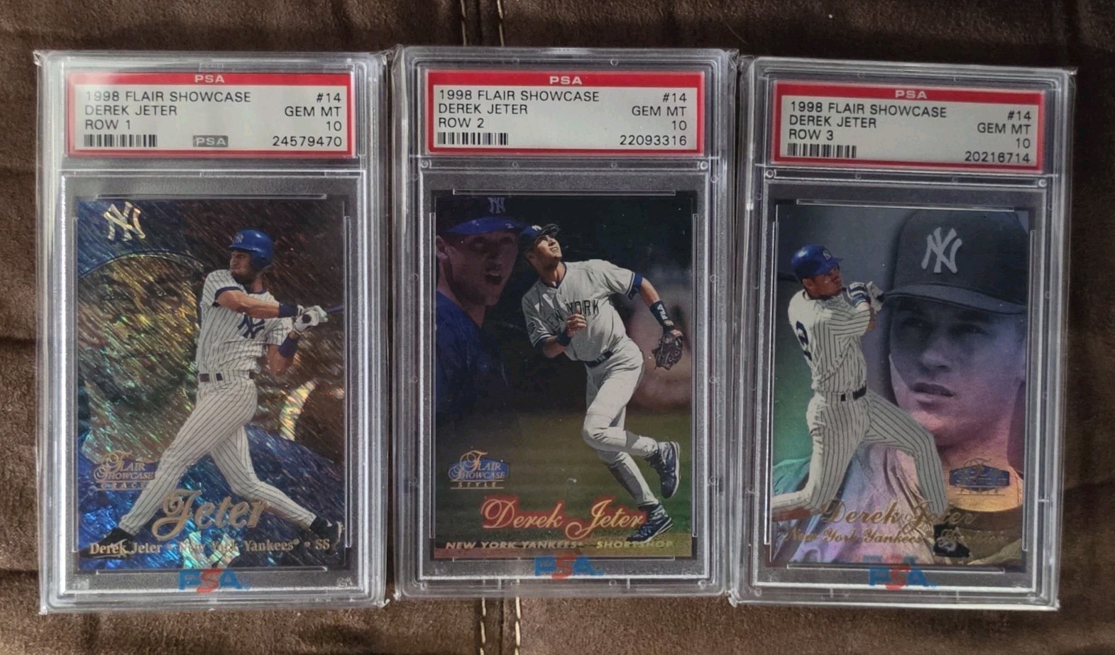 1998 Flair Showcase #14 Derek Jeter Row 1, 2, & 3 – Set of 3 Cards – All PSA 10