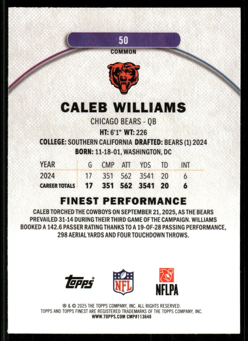 2025 Finest #50 Caleb Williams – FB