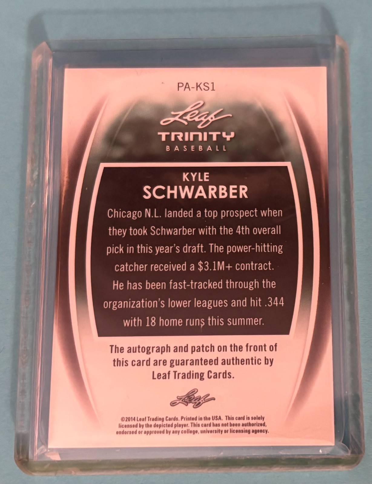 2014 Leaf Trinity Kyle Schwarber RC Auto/3-Color Jumbo Game Patch