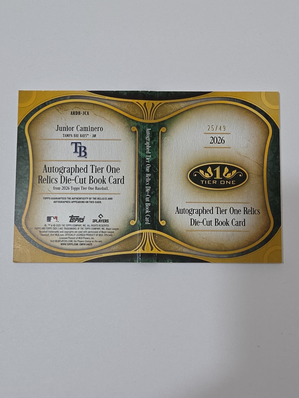 2026 Topps Tier One Baseball – Junior Caminero /49 – Auto Patch Die-Cut Booklet