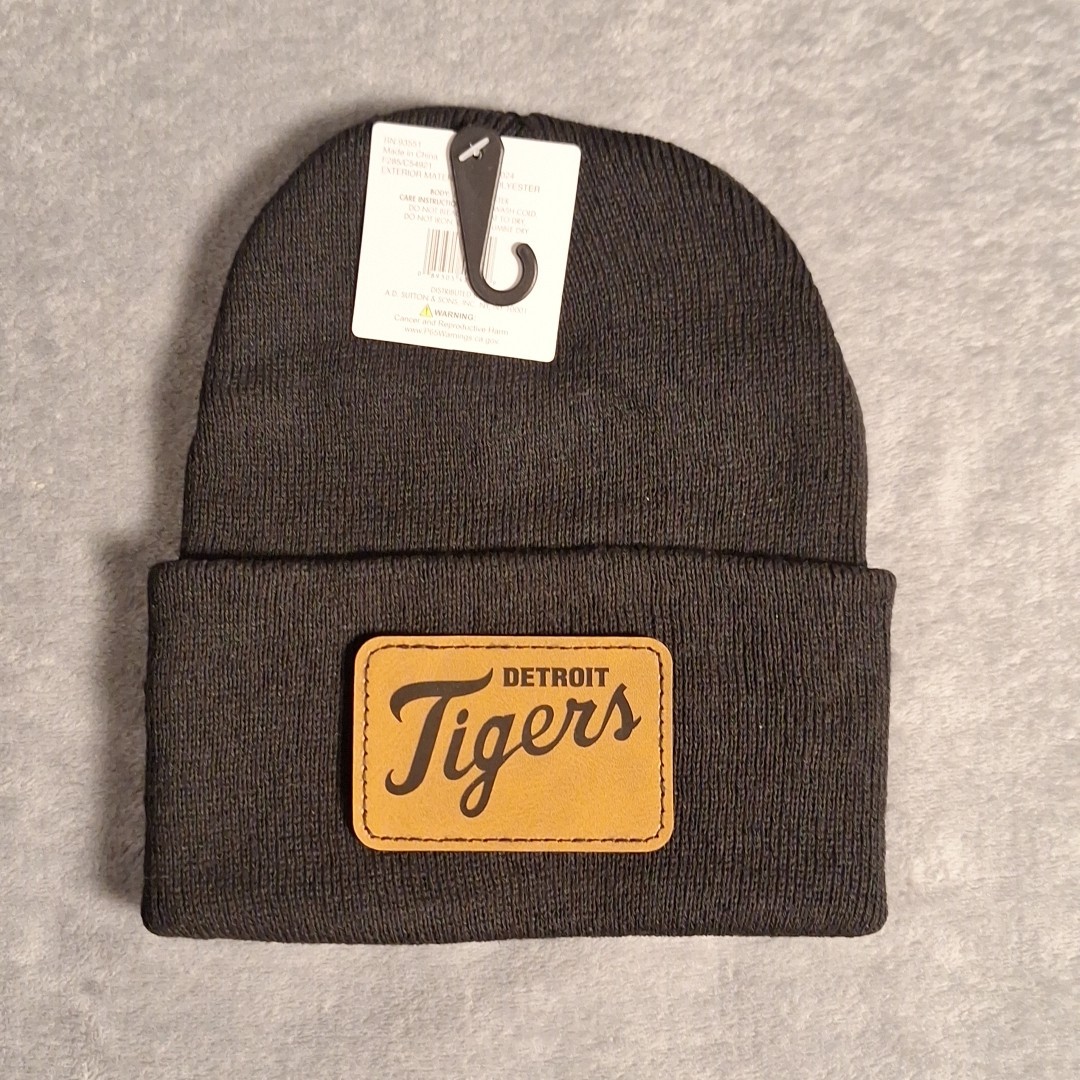 Detroit Tigers Leather Rectangle Patch Black Beanie Cap MLB