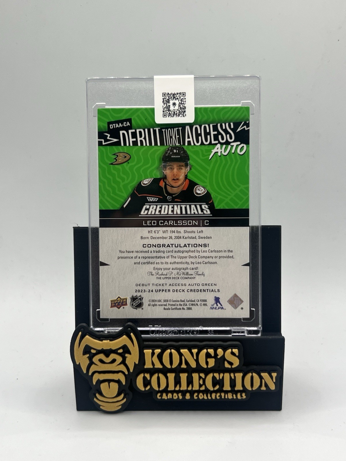 LEO CARLSSON 2023-24 UD CREDENTIALS GREEN DEBUT TICKET ACCESS AUTO RC /25