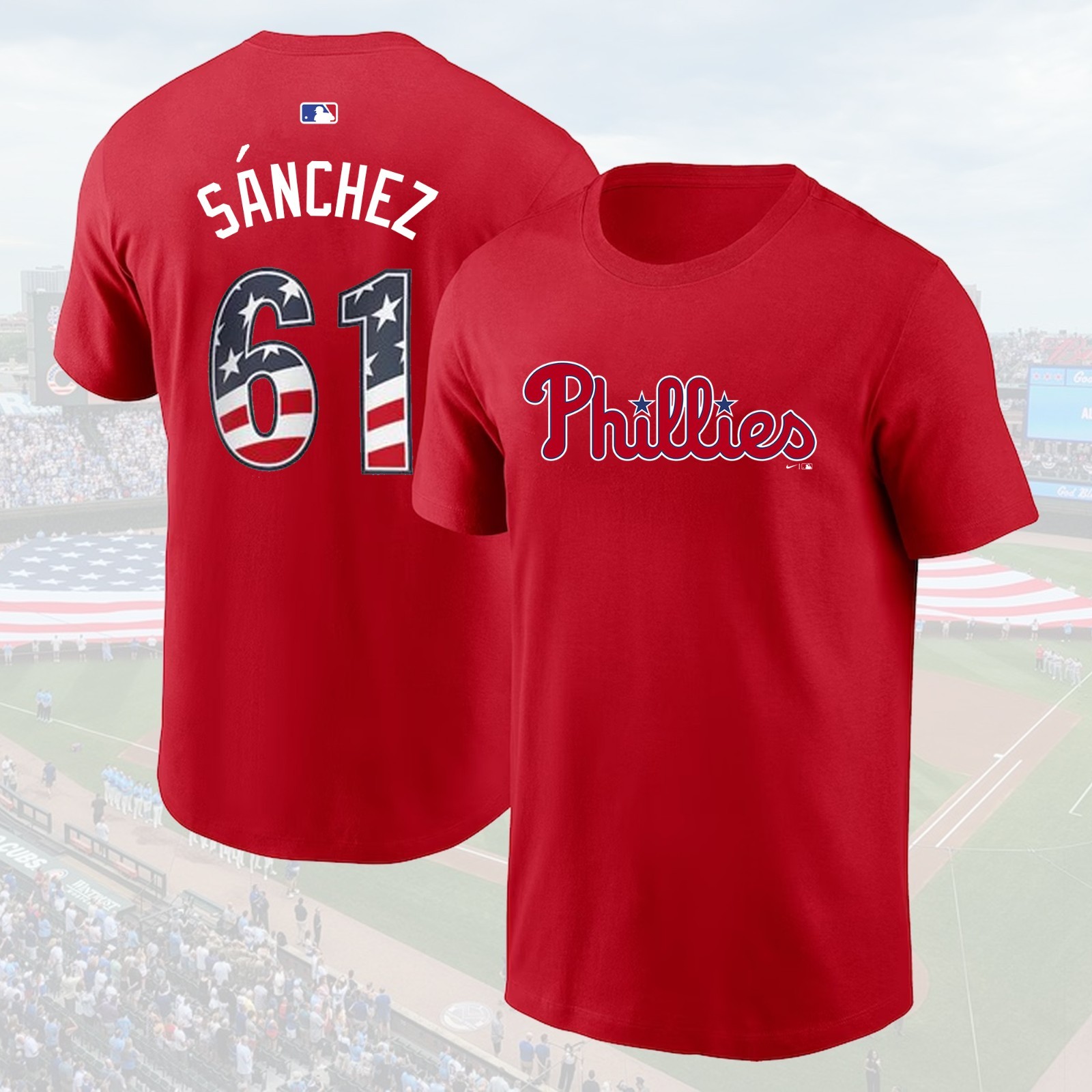 Philadelphia Phillies #61 Cristopher Sánchez USA 250 Fourth of July Name & Numb