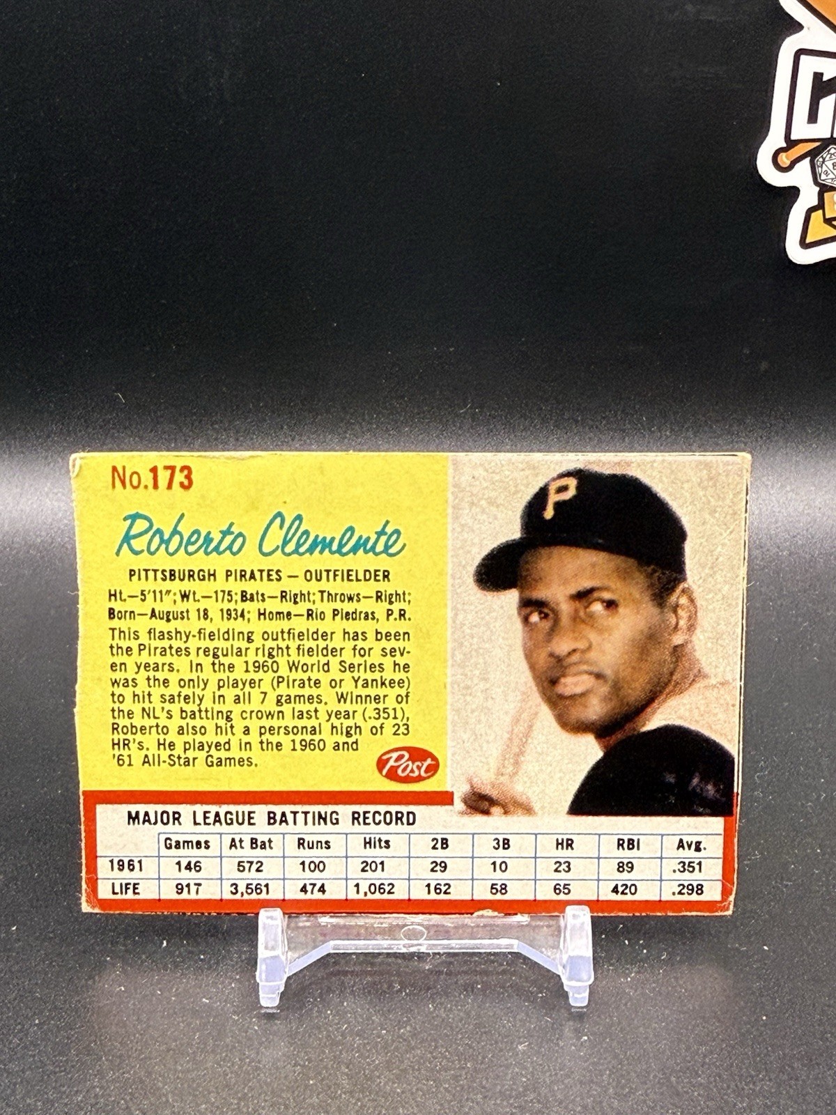 1962 Post Cereal #173 Roberto Clemente Rare Blue Lines Variation (CBWM2)