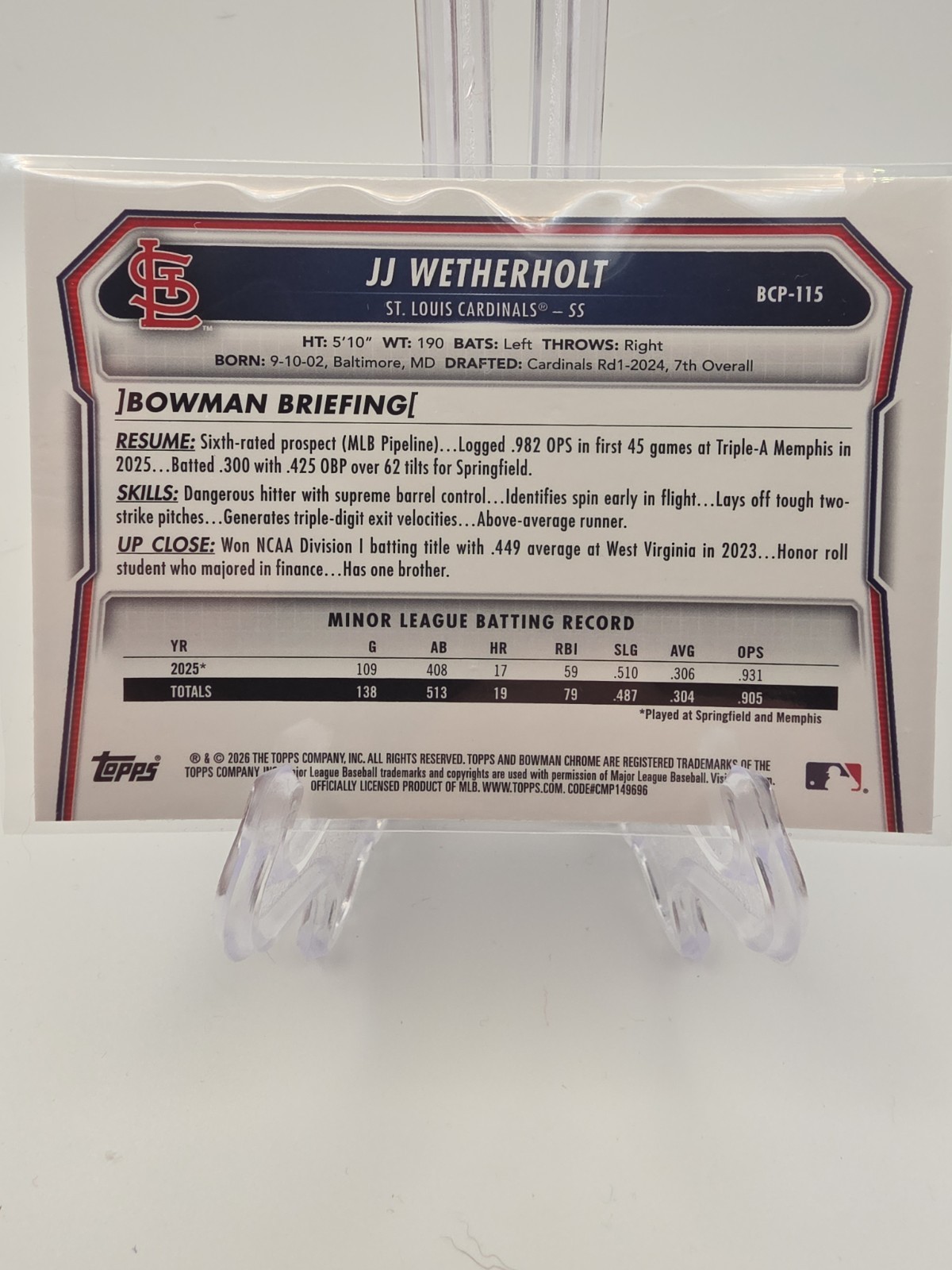 JJ Wetherholt 2026 Bowman Chrome Mojo Refractor Cardinals #BCP-115