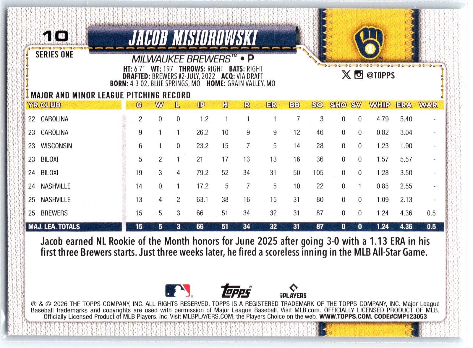 2026 Topps Jacob Misiorowski 10 Silver Crackle Foil Milwaukee Brewers