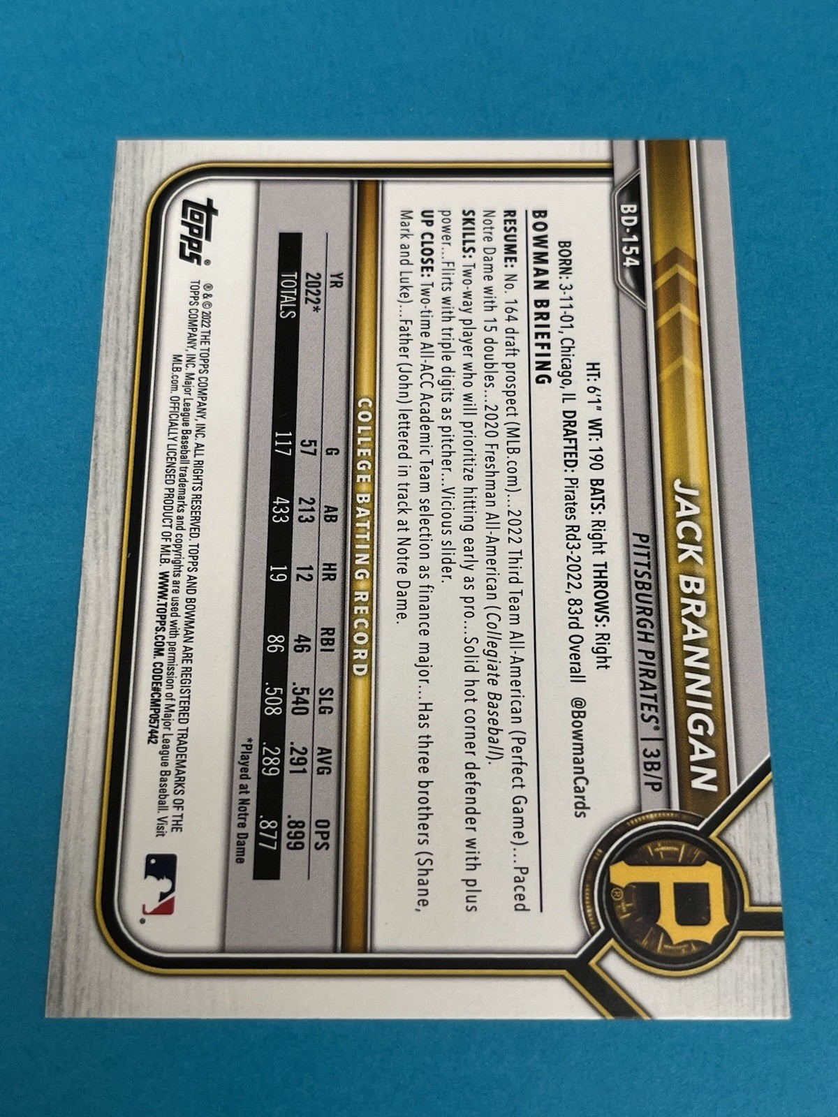 2022 Bowman Draft 1st Edition Jack Brannigan #BD-154 1st Bowman Pirates Qty Avai