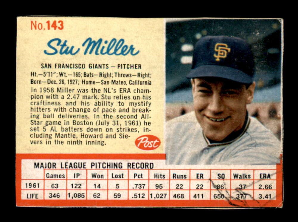1962 Post #143 Stu Miller GOOD X3465671