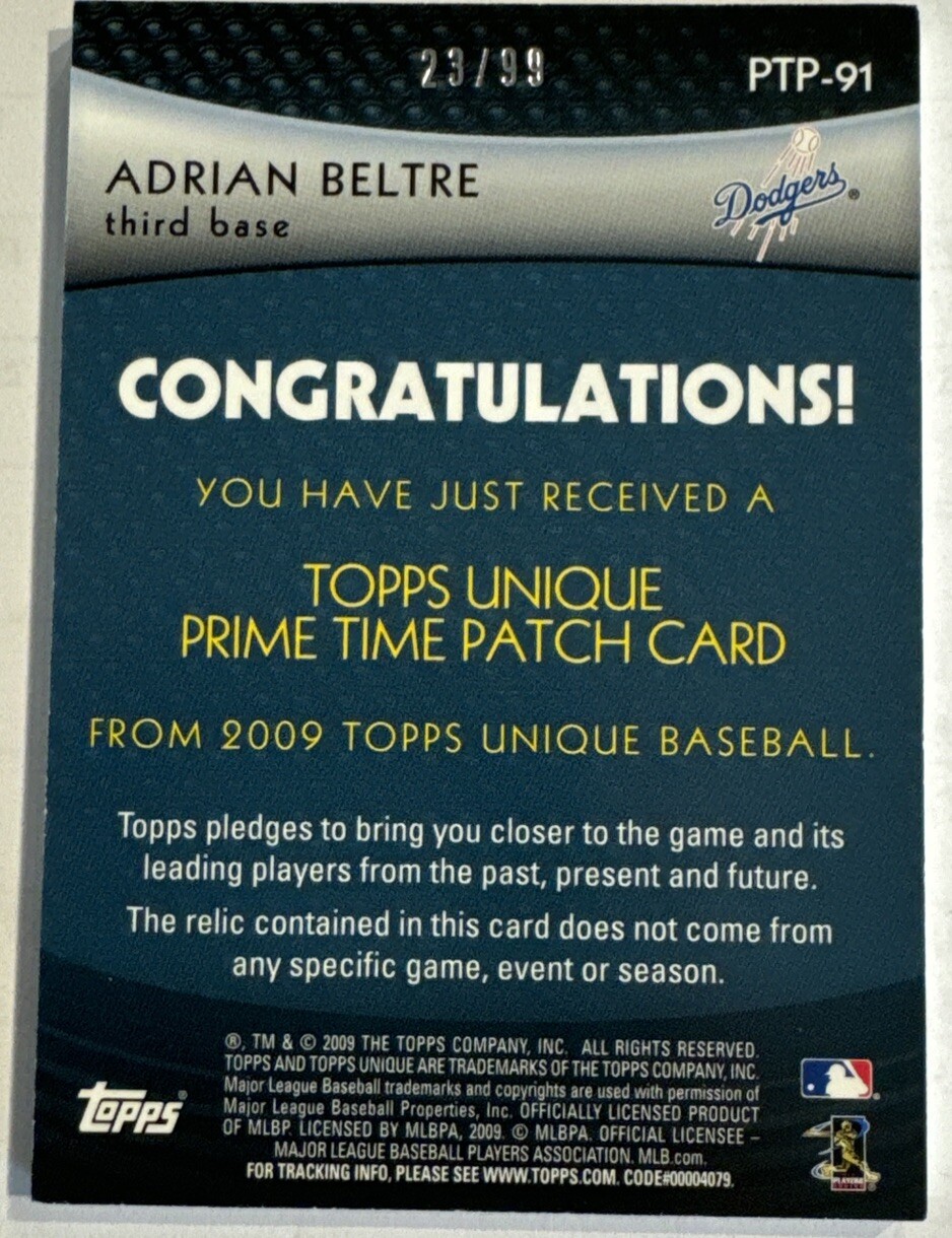 2009 Topps Unique Prime Time Patch /99 Adrian Beltre #PTP-91 Patch HOF