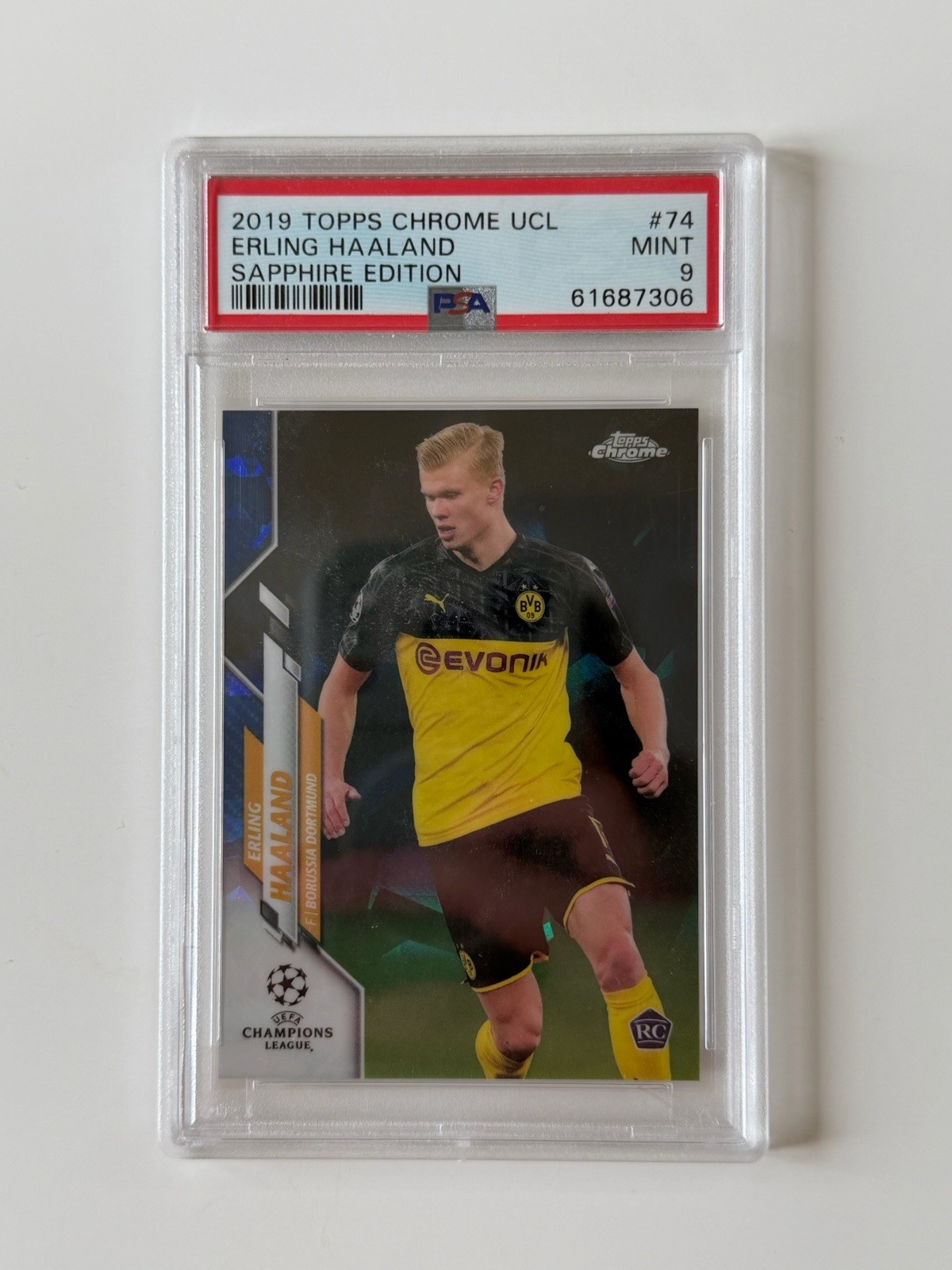 2019-20 Topps Chrome UEFA Sapphire Edition Erling Haaland #74 (RC) Rookie PSA 9
