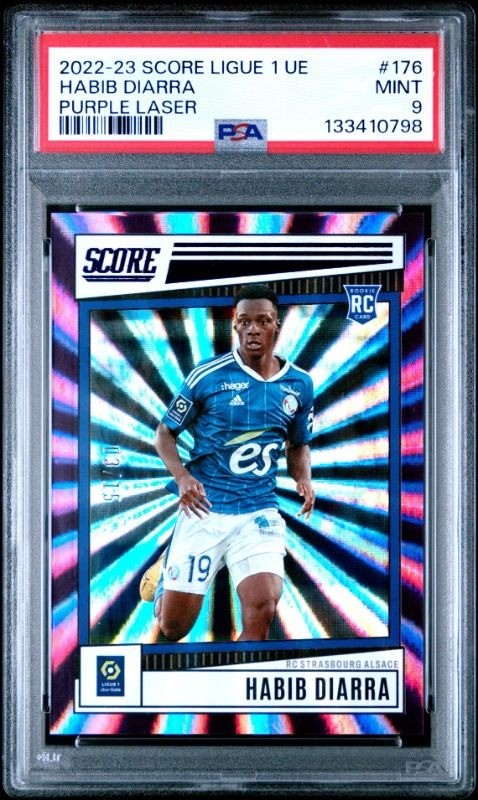 Habib Diarra 2022-23 Panini Score Ligue 1 Rookie RC Purple Laser 15 PSA 9