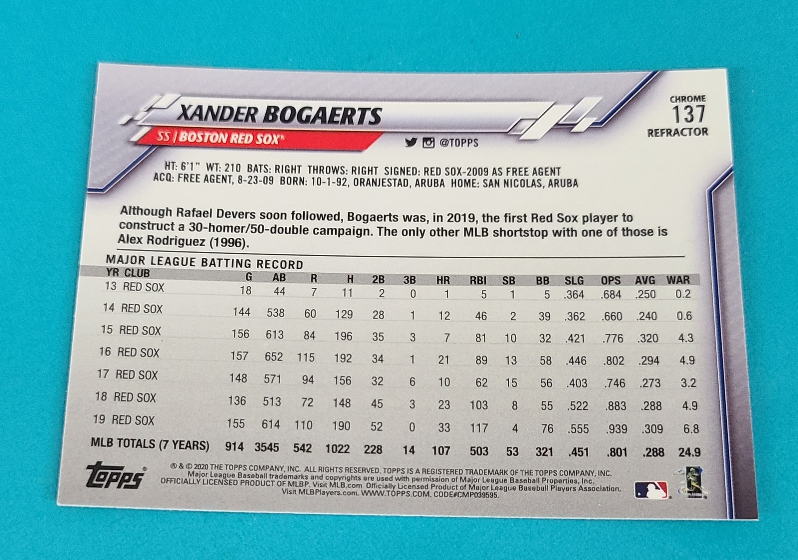 2020 Topps Chrome Pink Refractor #137 Xander Bogaerts Red Sox BASEBALL Card 8C