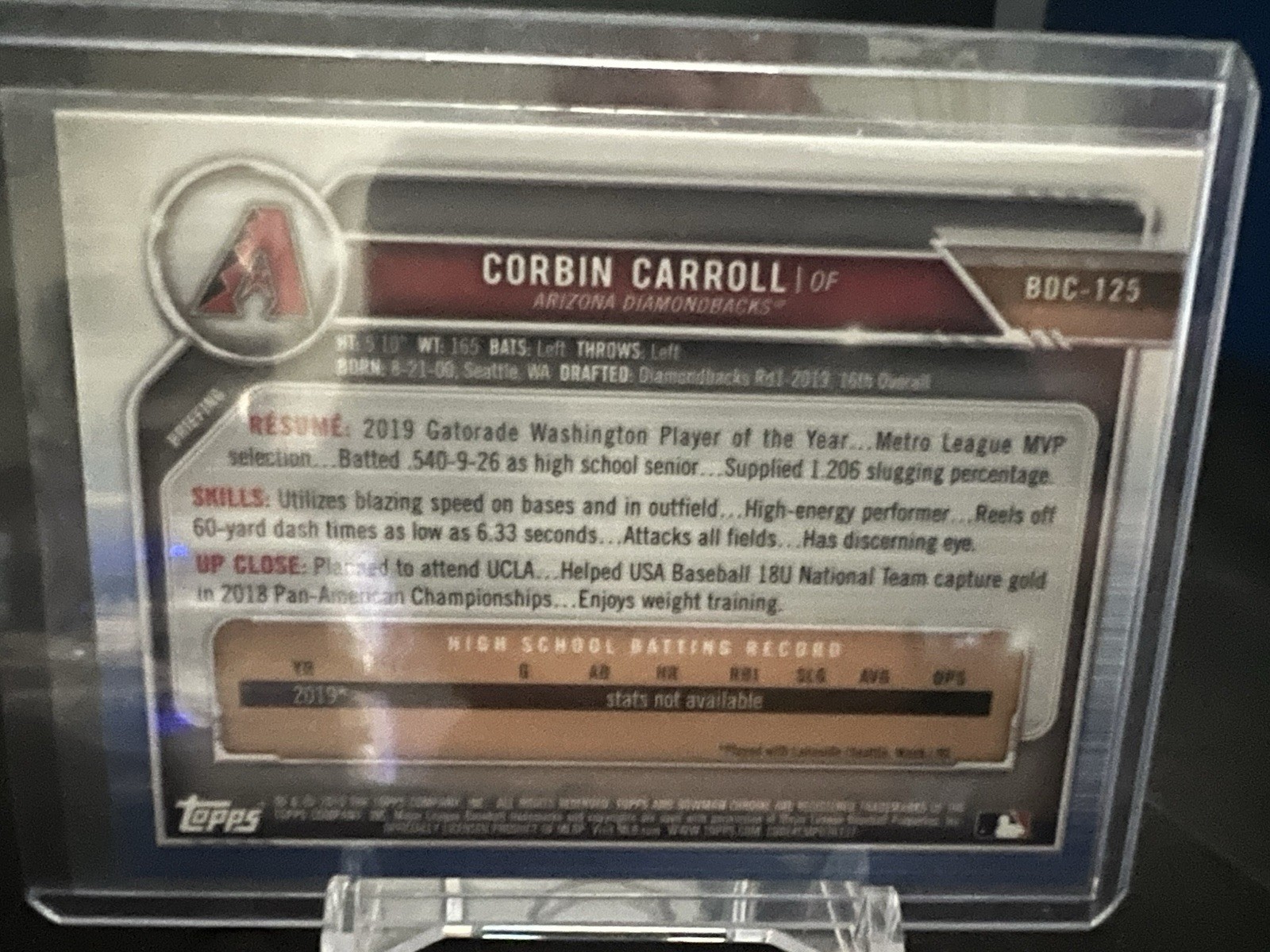 Topps 2019 Bowman Draft Chrome 1st Bowman Corbin Carroll BDC-125 Dbacks