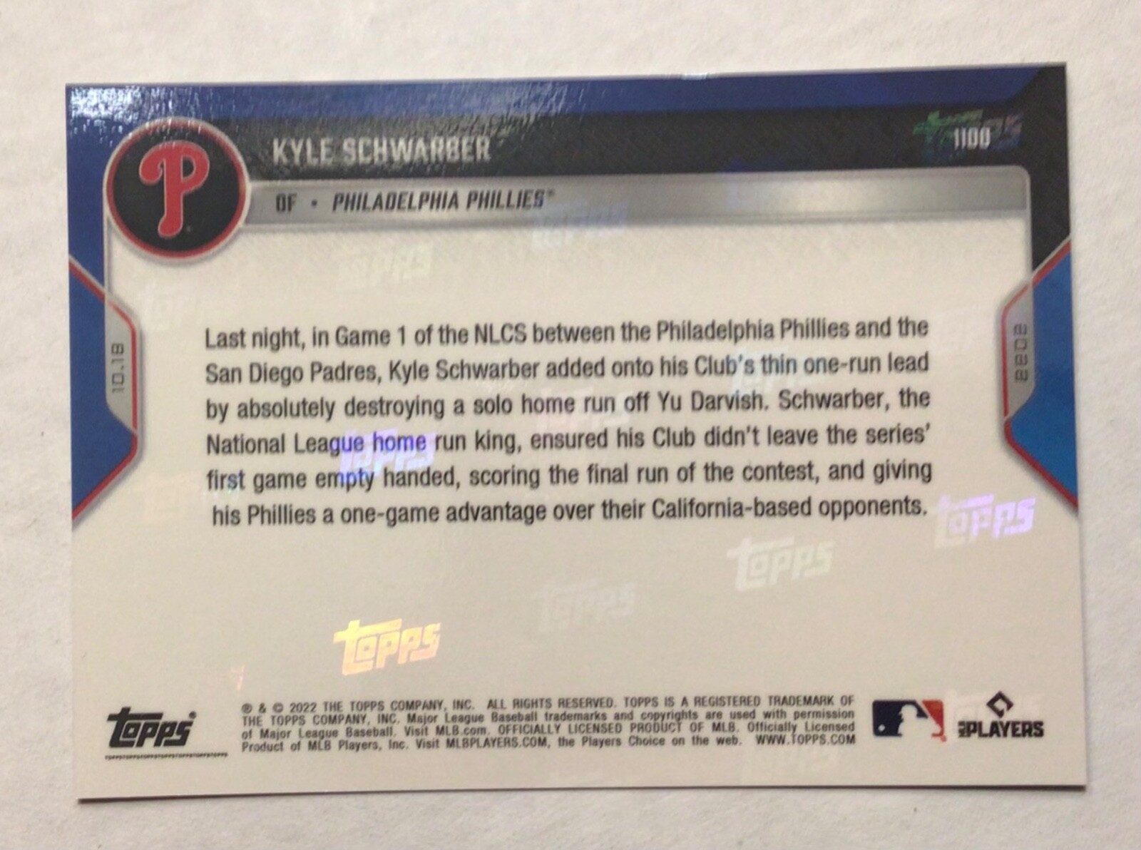 2022 TOPPS NOW #1100 KYLE SCHWARBER Purple 20/25 GOES LONG TO ENSURE GAME 1 WIN