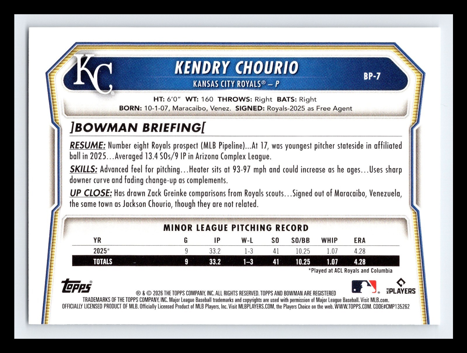 2026 Bowman Kendry Chourio #BP-7 Prospects 1st Bowman Kansas City Royals