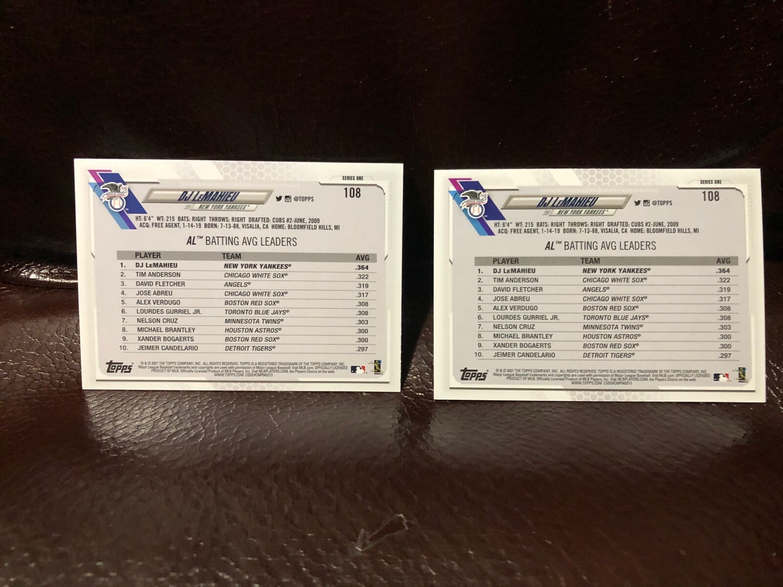 2021 Topps Yellow Parallel & Base Batting League Leaders DJ LeMahieu#108 Yankees