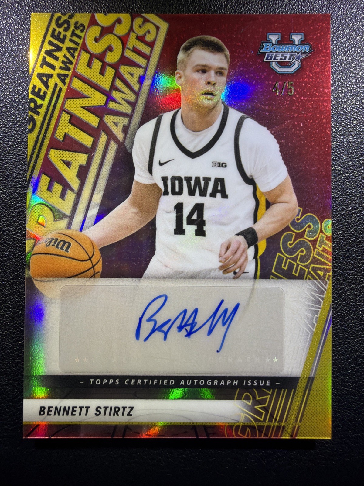 2025-26 Bowman Best U Greatness Awaits Bennett Stirtz Red Auto /5 #GA-BZ Iowa