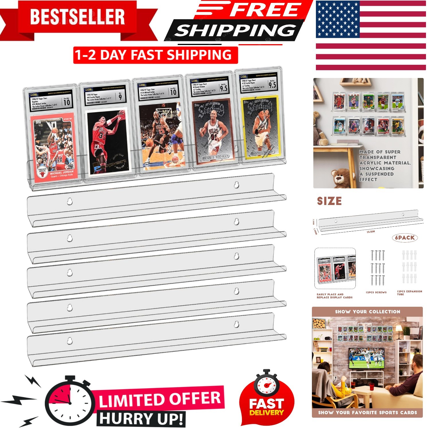 6 Pack Sport Card Display Shelf for Wall – Hold up to 30 Trading Cards, Acrylic