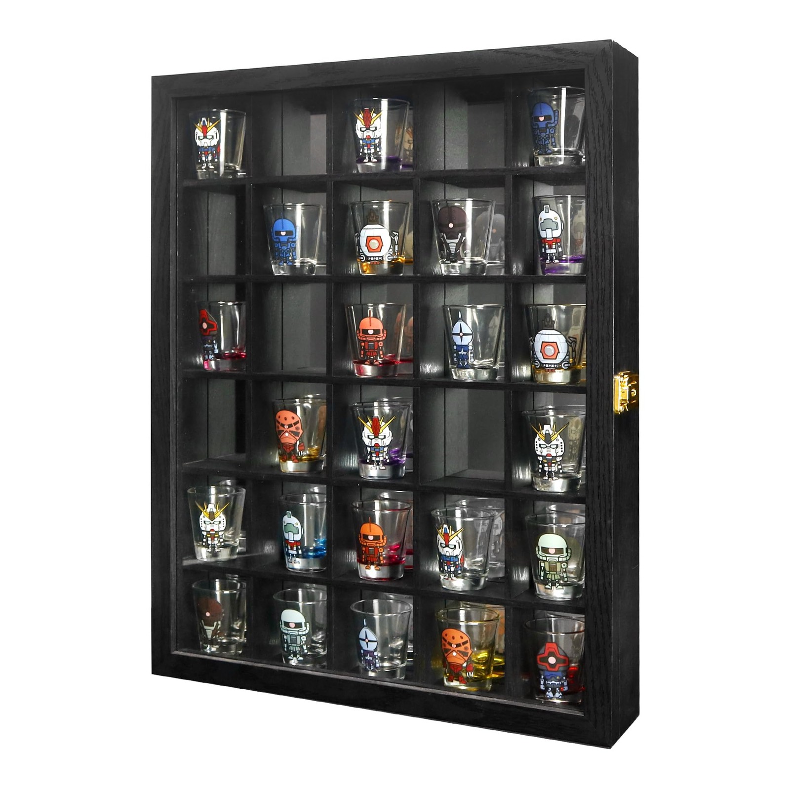 Black Shot Glass Display Case 30 Slots with Mirror Background Large Wooden Ca…