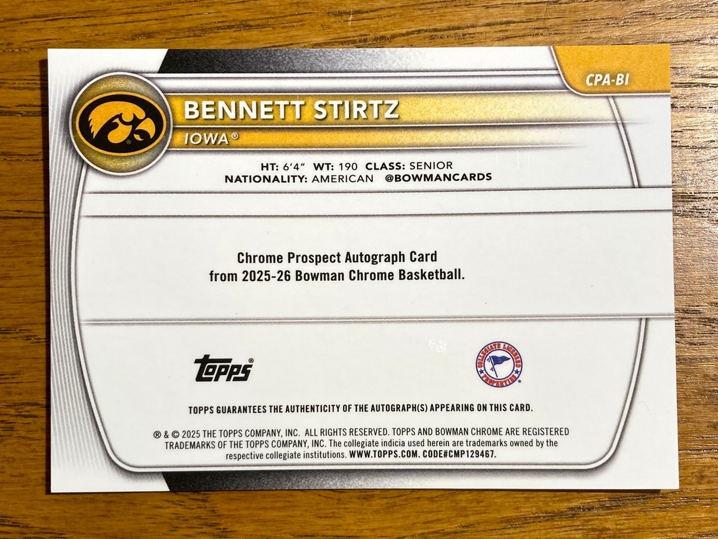 2025-26 Bowman U Chrome 1st Bennett Stirtz Yellow Mojo Prospect Auto /75 Iowa
