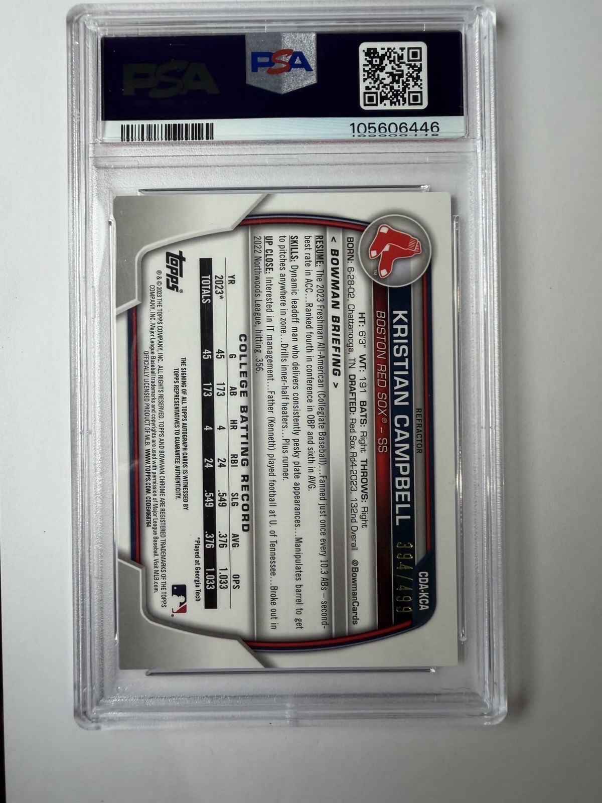 2023 1st Bowman Chrome Prospect Refractor Kristian Campbell AUTO /499 PSA 9!