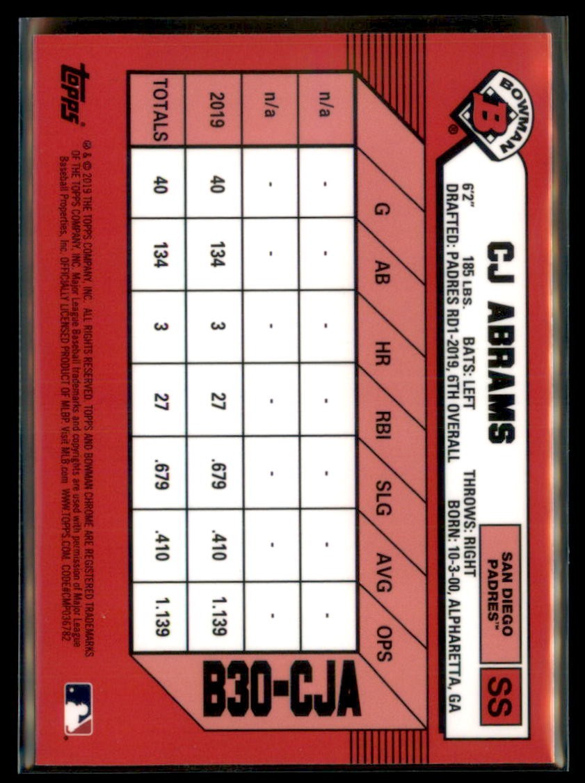 2019 Bowman Chrome 30th Anniversary CJ Abrams Padres B30-CJA