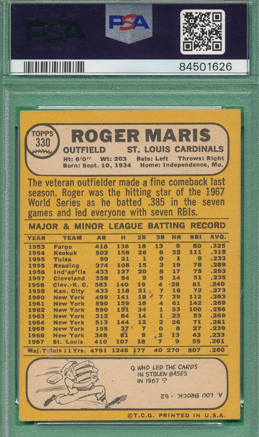 SOLID CLEAN PSA 3 VG ROGER MARIS 1968 TOPPS #330 GRADED VERY GOOD VINTAGE *TPHLC
