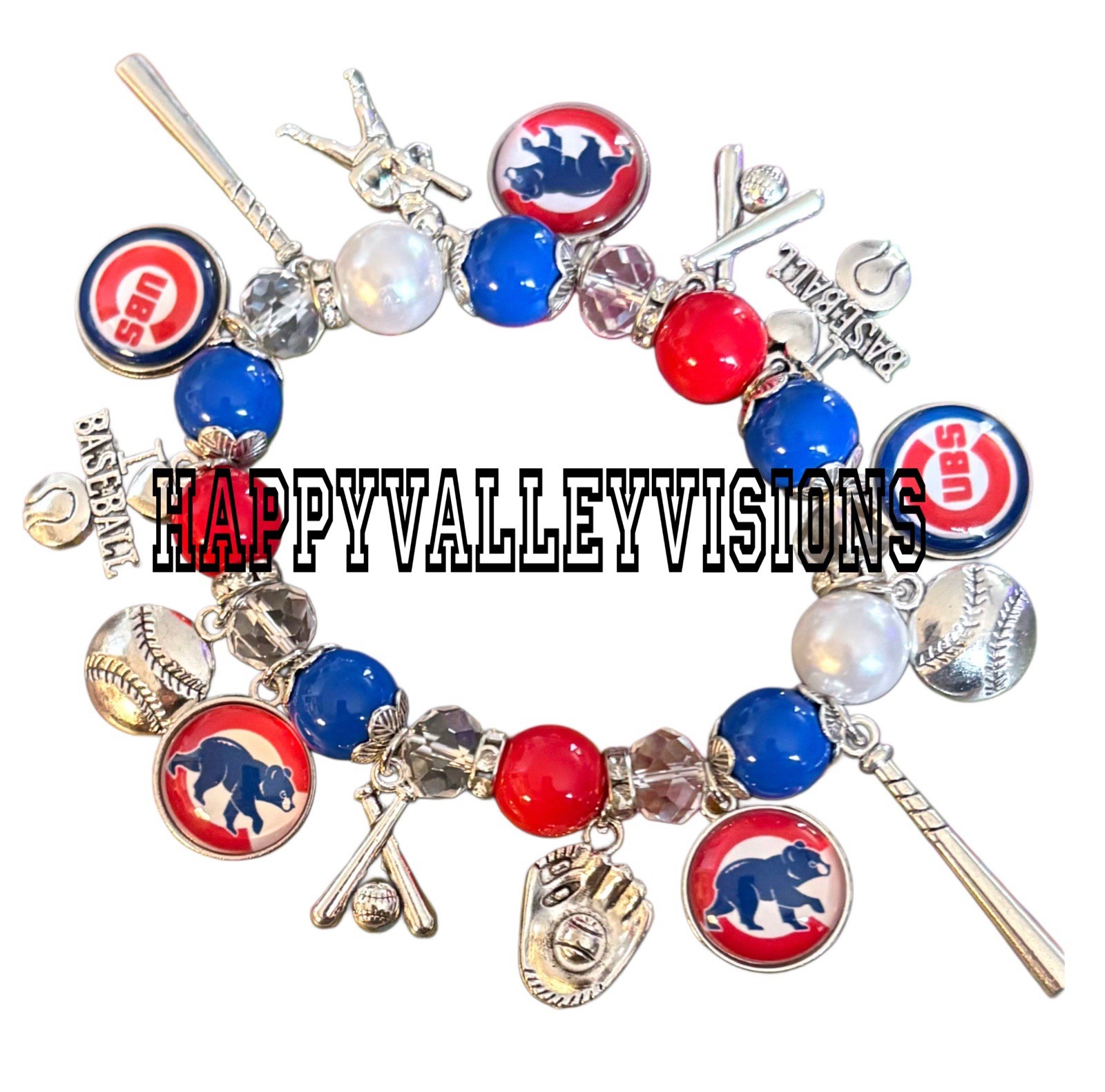 Women’s CHICAGO CUBS Baseball Themed Charm Bracelet Metal Glass Charms Stretchy