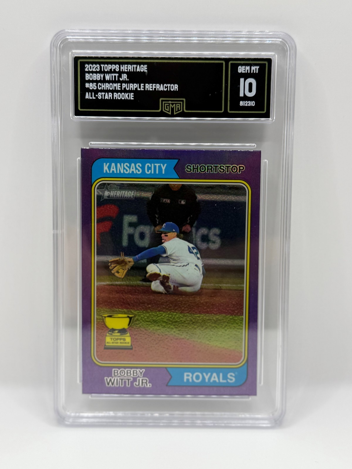 2023 TOPPS HERITAGE BOBBY WITT JR HOT BOX PURPLE CHROME REFRACTOR ROYALS GEM 10
