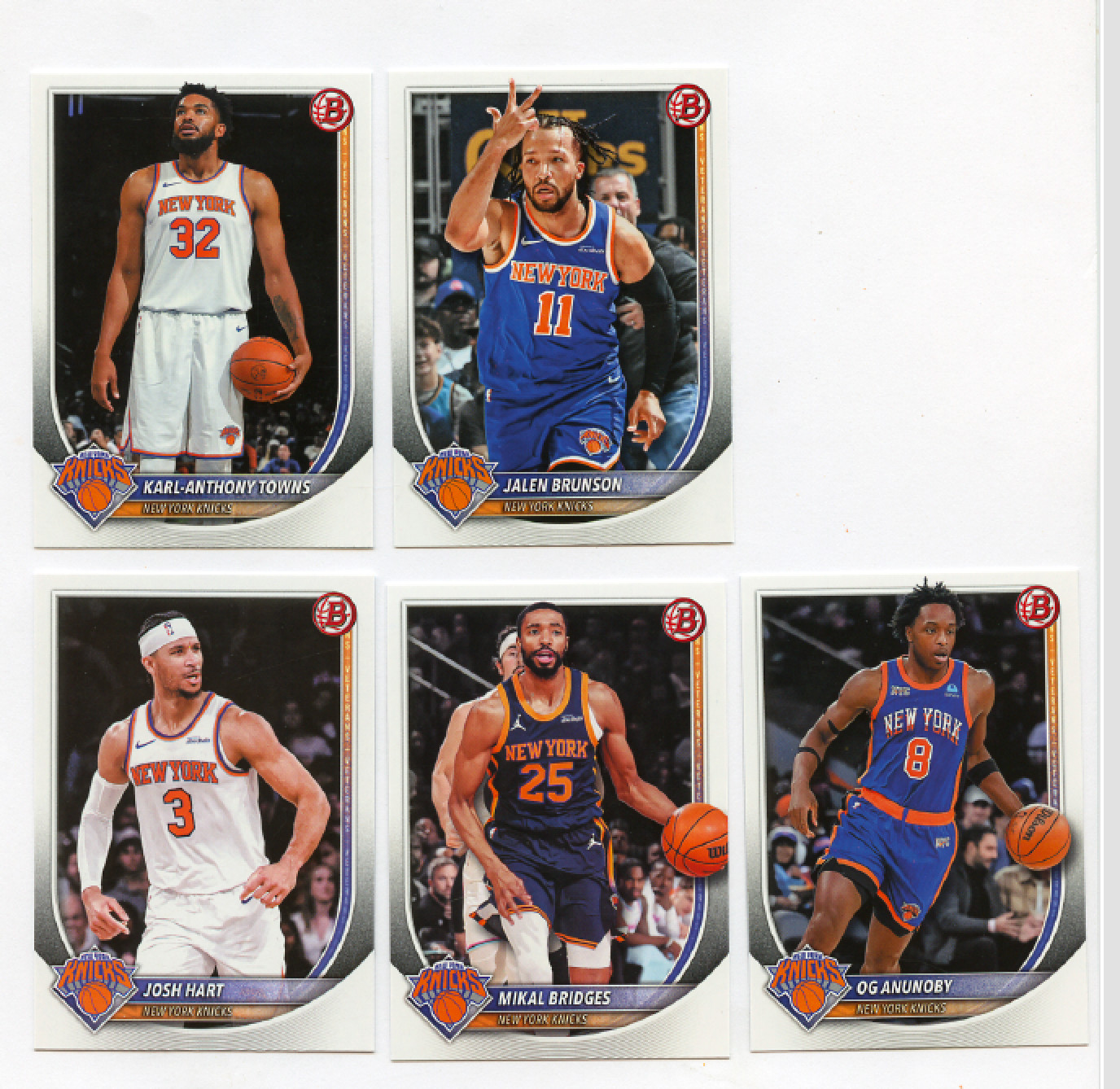 2025-26 BOWMAN NEW YORK KNICKS BASKETBALL TEAM SET 5 CARDS BRUNSON , TOWNS