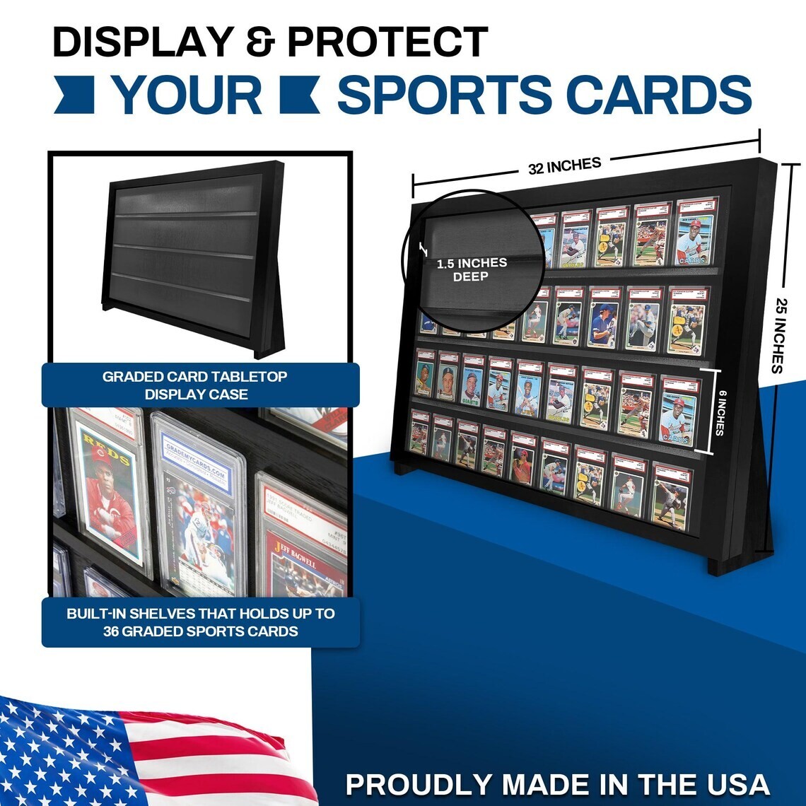 Graded Trading Card Display Case 36 PSA Slabs Tabletop USA Sport Wood Show Stand