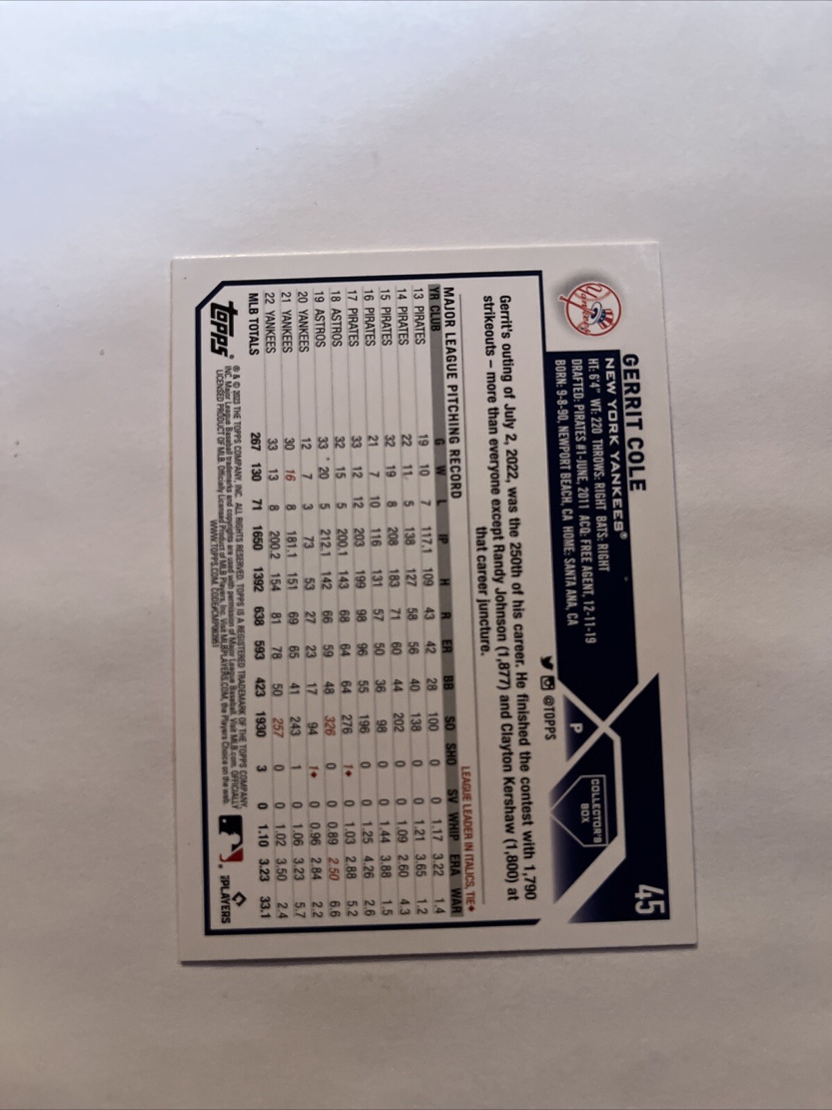 2023 Topps Series 1 – Silver Pattern Foil #45 Gerrit Cole