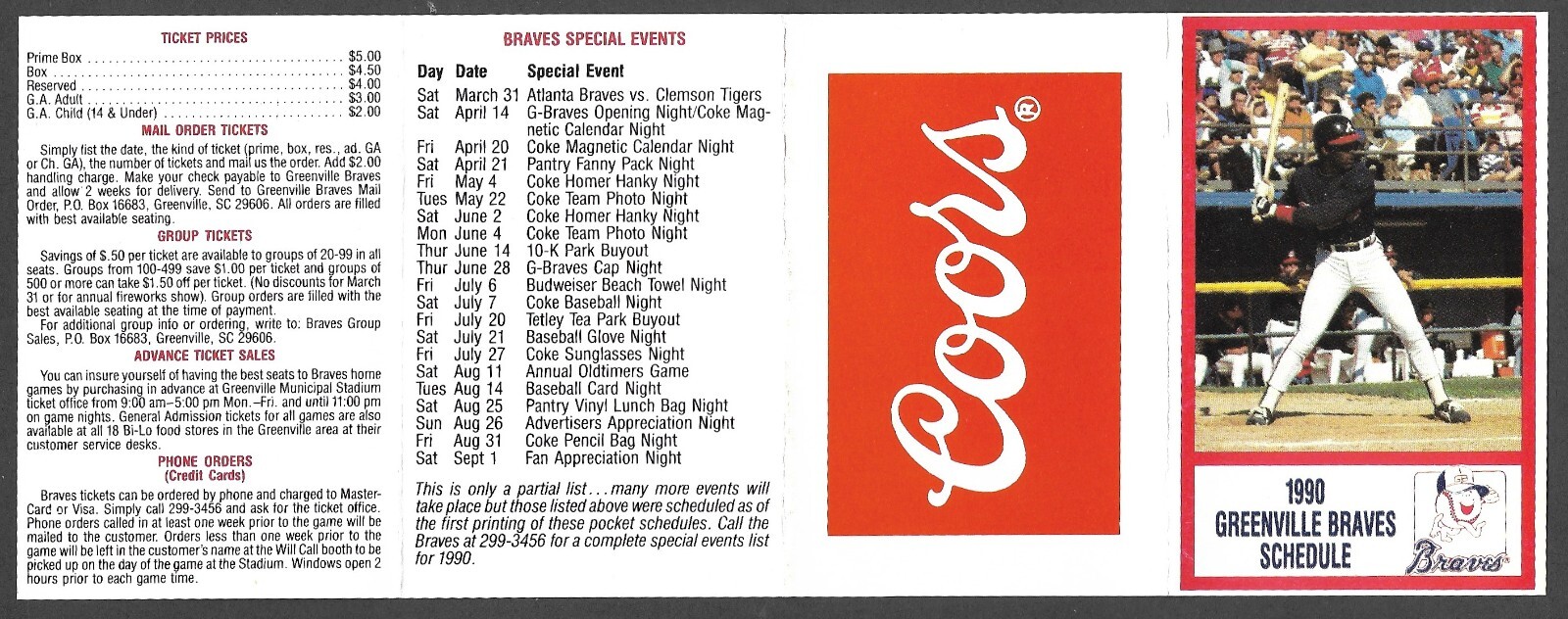1990 GREENVILLE BRAVES (Minors) Coors Regular Season POCKET SCHEDULE NM-MINT