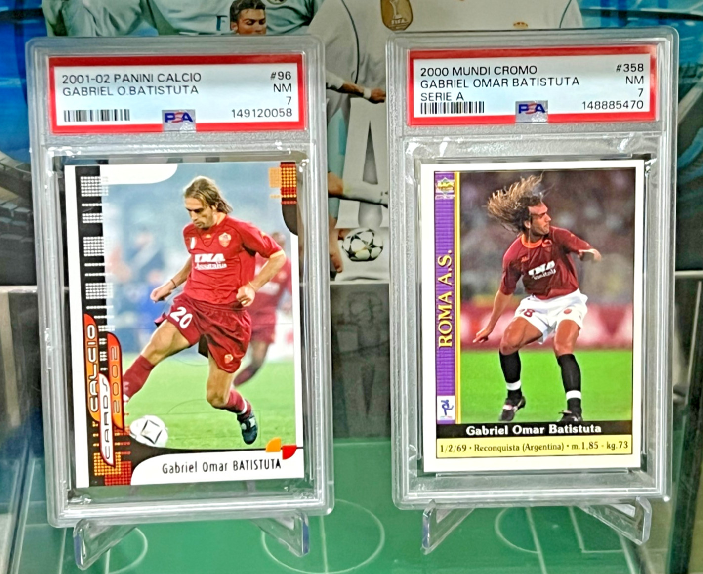 2 PSA 7 Lot Gabriel Batistuta 2001 Panini Calcio Cards + 2000 Mundicromo Serie A