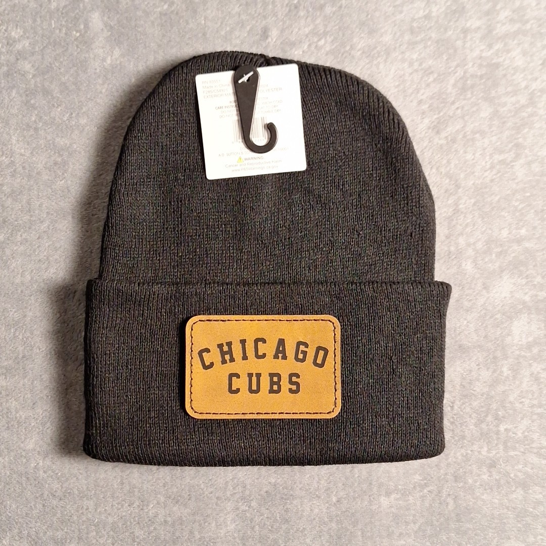 Chicago Cubs Leather Rectangle Patch Black Beanie Cap MLB
